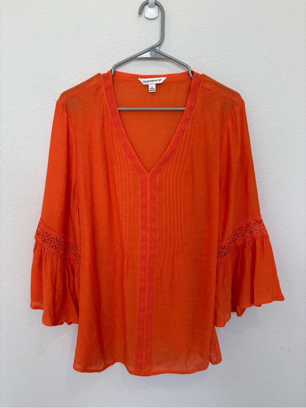 Counterparts Vibrant Flowy Crochet Embroidered Pleated Peasant Blouse XL